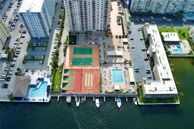 drone / aerial view with a water view