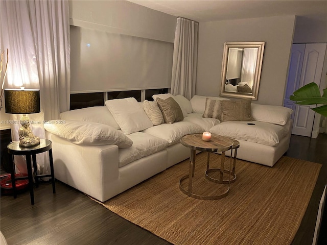 living room with dark hardwood / wood-style floors