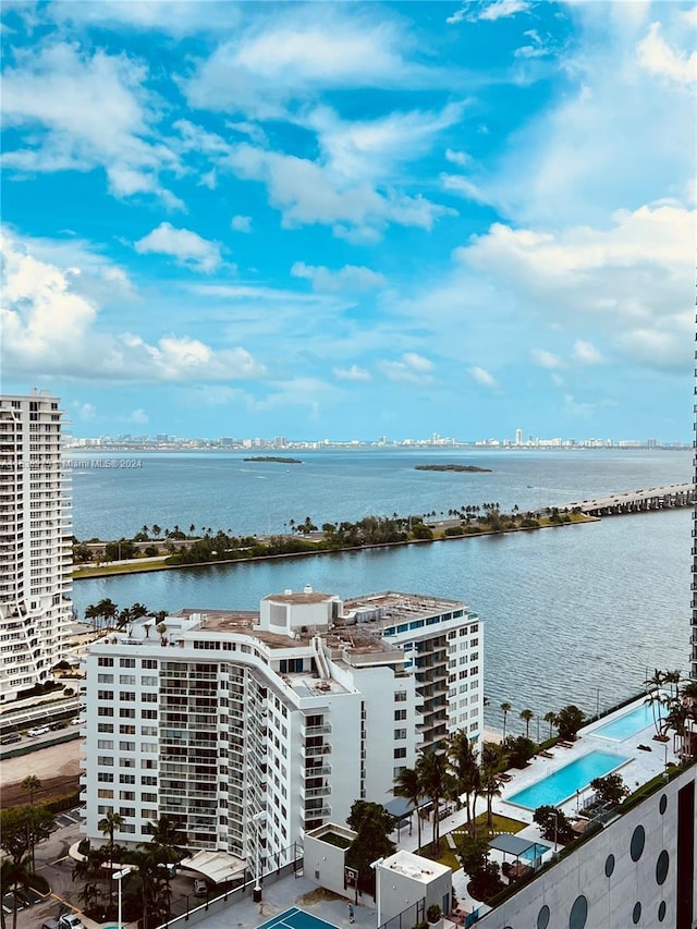aerial view featuring a water view