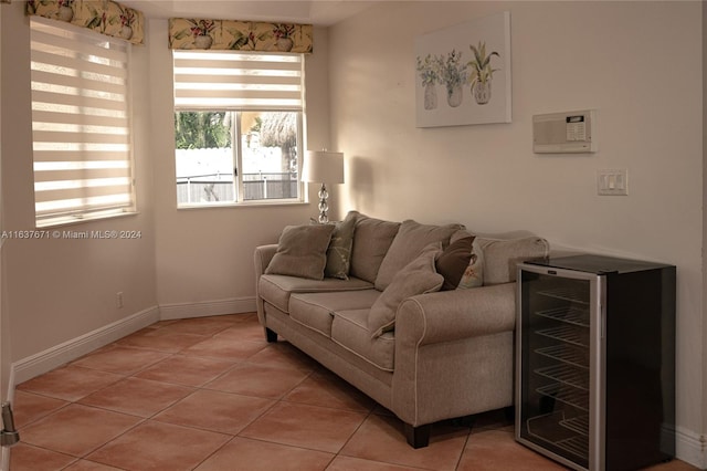 tiled living room featuring wine cooler