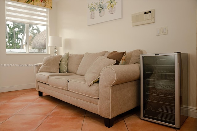 tiled living room with wine cooler