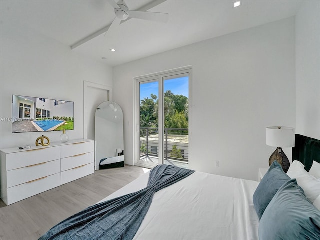 bedroom featuring ceiling fan, access to outside, and light wood-type flooring