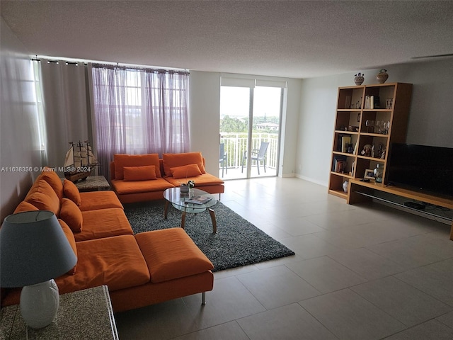 living room with a textured ceiling