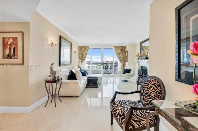 living room featuring a wall of windows, light tile patterned flooring, and crown molding