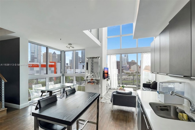 interior space with dark wood finished floors, expansive windows, baseboards, and a sink