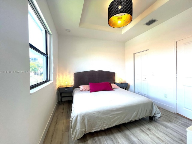 bedroom with wood-type flooring and a tray ceiling