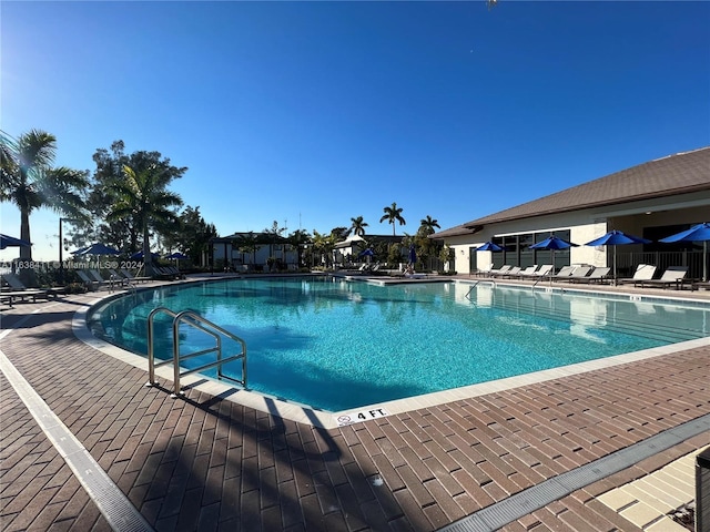 view of swimming pool featuring a patio area