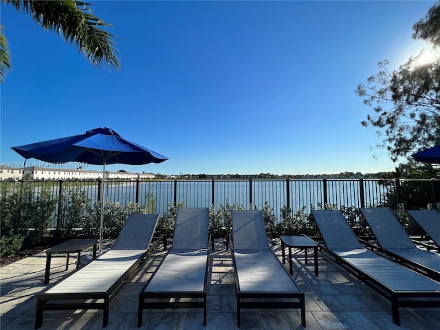 view of patio / terrace with a water view