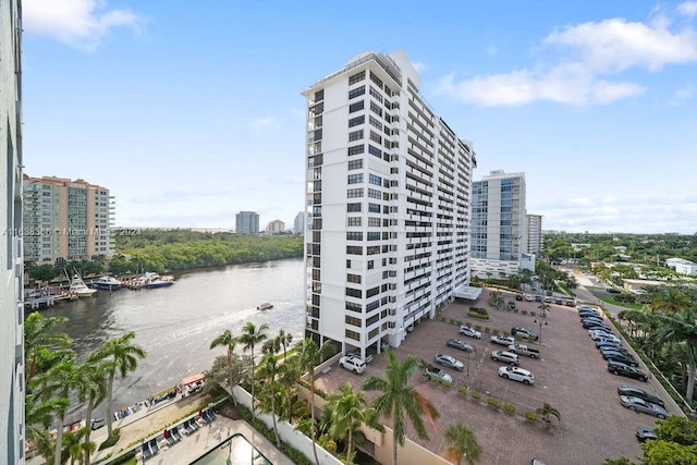 view of building exterior featuring a water view