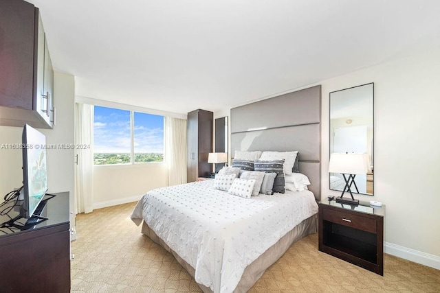 bedroom with light colored carpet