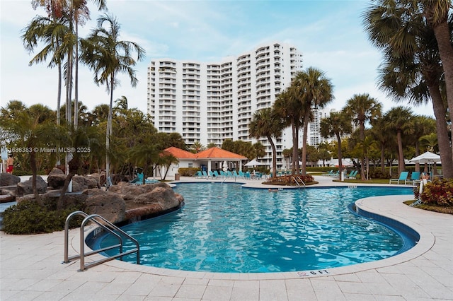 view of swimming pool with a patio