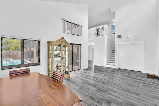 interior space with high vaulted ceiling and wood-type flooring