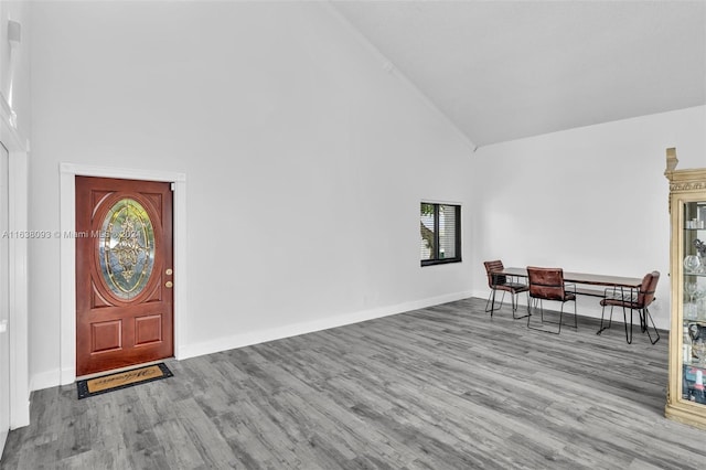 entryway with high vaulted ceiling, hardwood / wood-style floors, and a healthy amount of sunlight