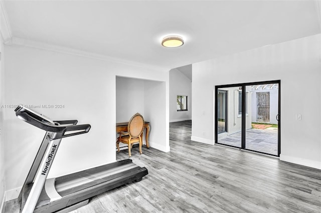 exercise room featuring wood-type flooring and ornamental molding