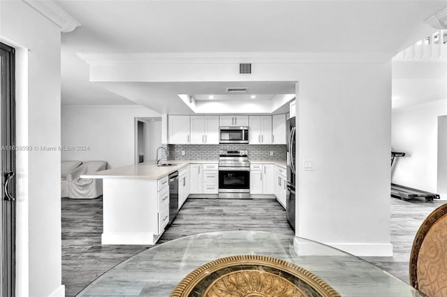 kitchen featuring decorative backsplash, appliances with stainless steel finishes, kitchen peninsula, crown molding, and wood-type flooring