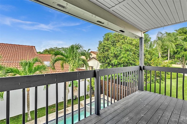 deck with a fenced in pool