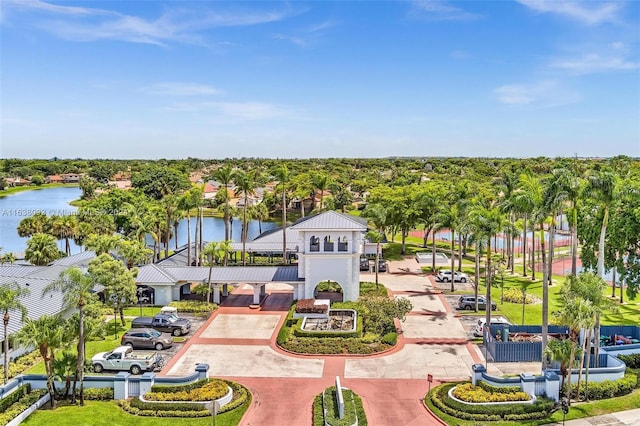 aerial view featuring a water view