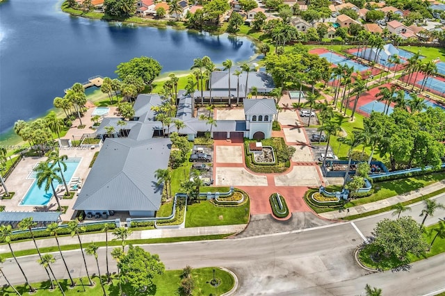 aerial view featuring a water view