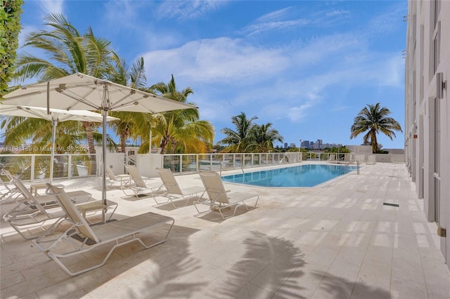 view of swimming pool with a patio