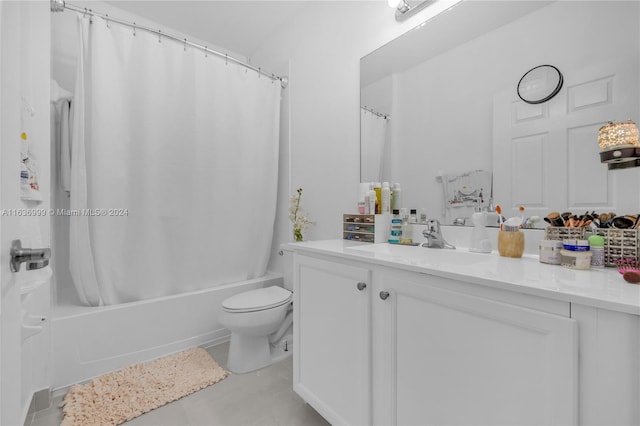 full bathroom featuring vanity, shower / bath combo, tile patterned flooring, and toilet