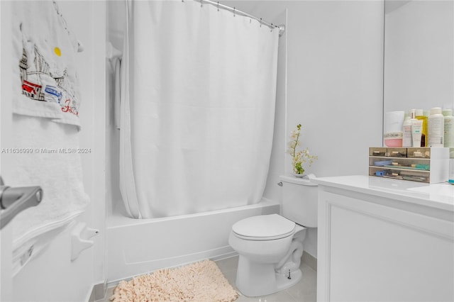 full bathroom with shower / bath combo with shower curtain, tile patterned floors, toilet, and vanity