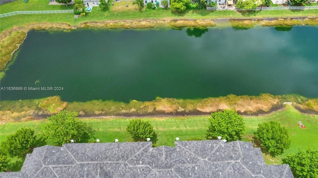 bird's eye view with a water view