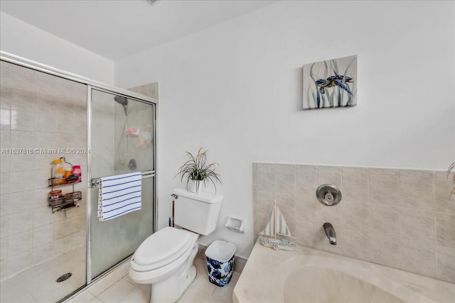 bathroom with an enclosed shower, tile patterned floors, and toilet