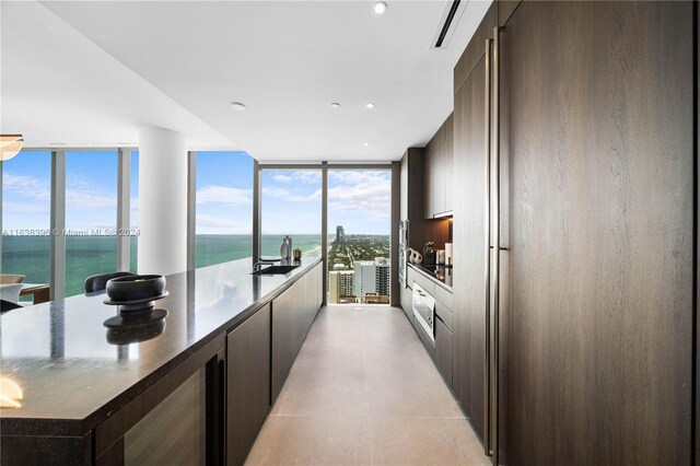 2000 S Ocean Dr Unit 31B, Hallandale Beach, FL 33009 - kitchen with modern cabinets, a sink, dark countertops, dark brown cabinets, and a water view
