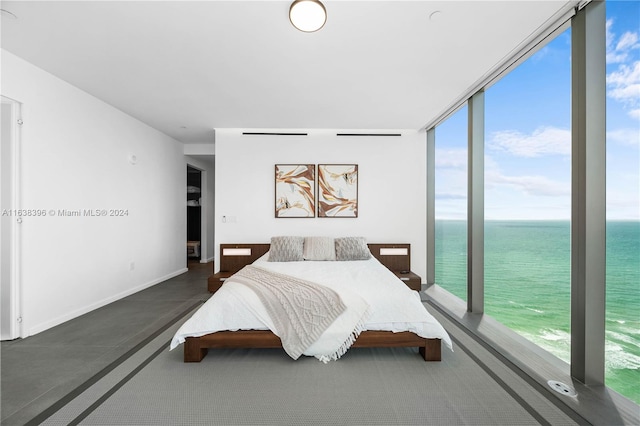 bedroom featuring expansive windows and a water view