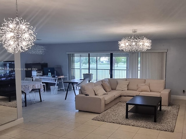 living room with light tile patterned floors and a chandelier