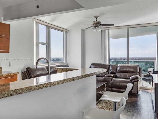 living room with ceiling fan, a wealth of natural light, a wall of windows, and hardwood / wood-style flooring