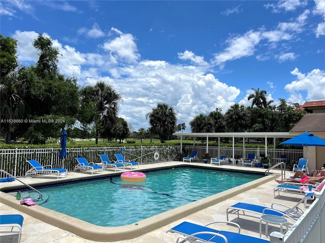 view of swimming pool featuring a patio area