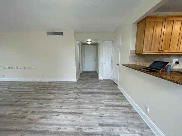 interior space featuring light hardwood / wood-style flooring, decorative backsplash, a textured ceiling, and dark stone countertops