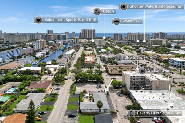 bird's eye view with a water view