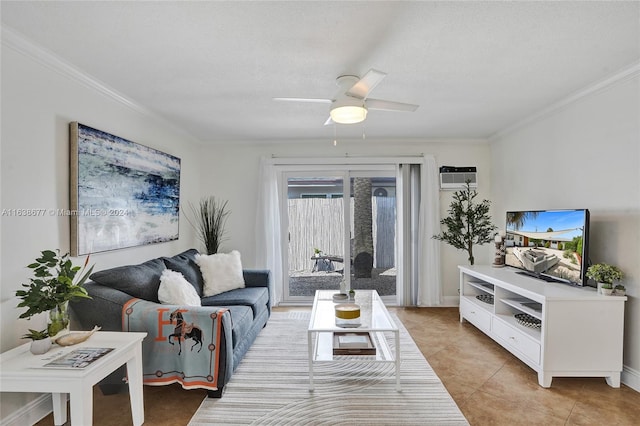 living room with light tile patterned floors, a wall mounted AC, ceiling fan, and ornamental molding