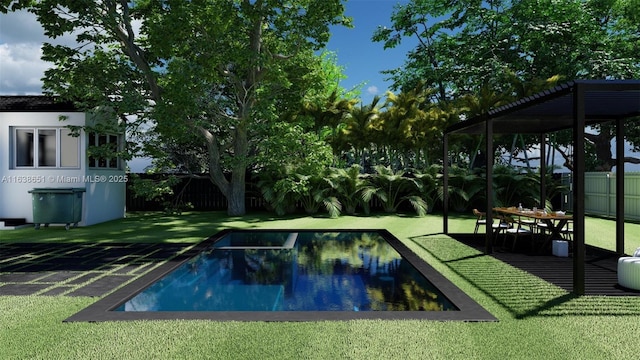 view of pool featuring a lawn