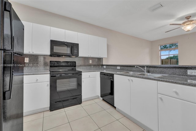 kitchen with ceiling fan, white cabinetry, black appliances, light tile patterned flooring, and sink