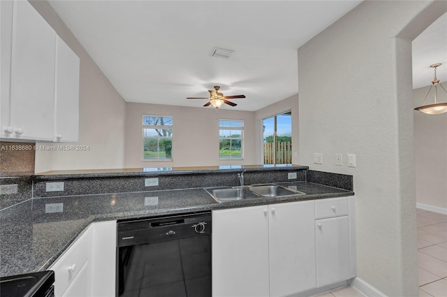 kitchen featuring light tile patterned floors, dishwasher, ceiling fan, sink, and white cabinetry