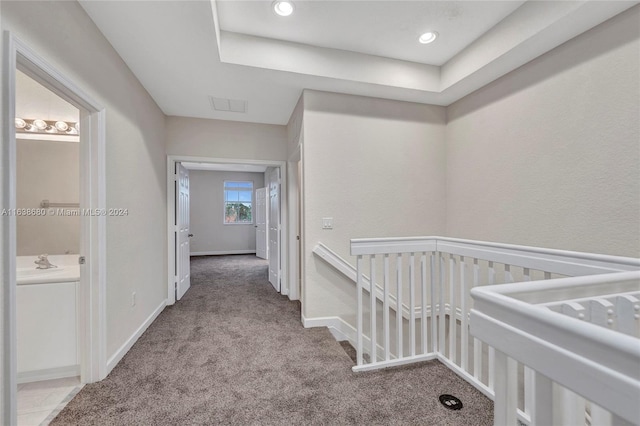 hall featuring sink and carpet floors