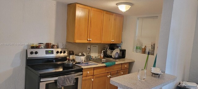 kitchen with stainless steel electric stove and sink