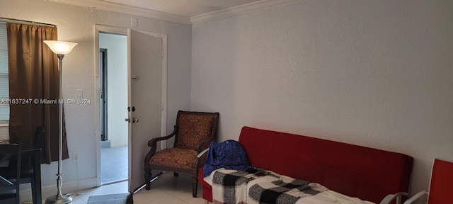 bedroom featuring light tile patterned flooring and crown molding