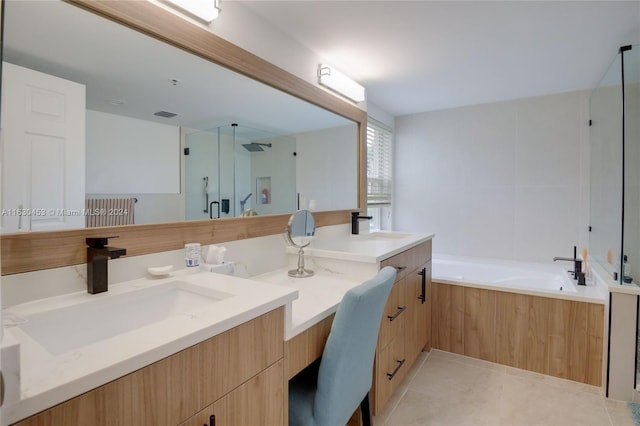 bathroom featuring shower with separate bathtub, dual bowl vanity, and tile patterned flooring