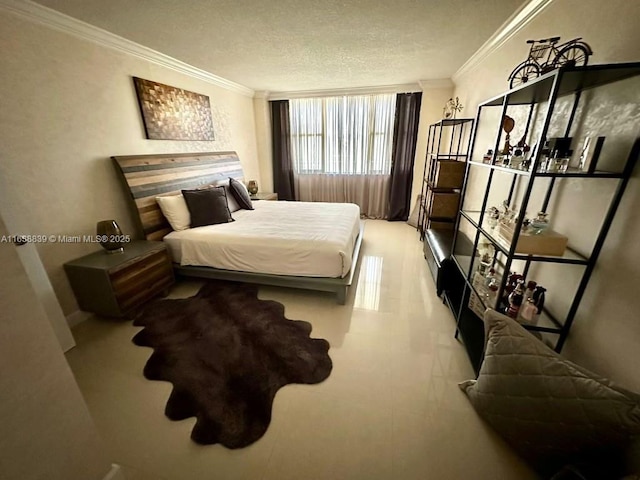 bedroom with crown molding and a textured ceiling