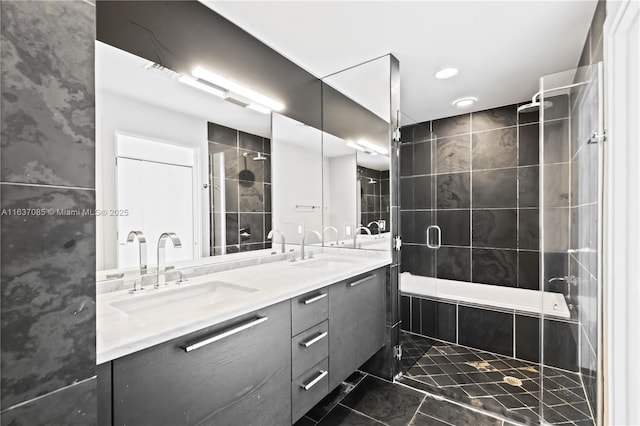 bathroom with vanity, bath / shower combo with glass door, and tile patterned floors