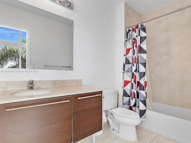 full bathroom with tile patterned flooring, vanity, toilet, and shower / bathtub combination with curtain