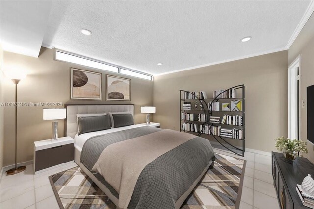 tiled bedroom with crown molding and a textured ceiling