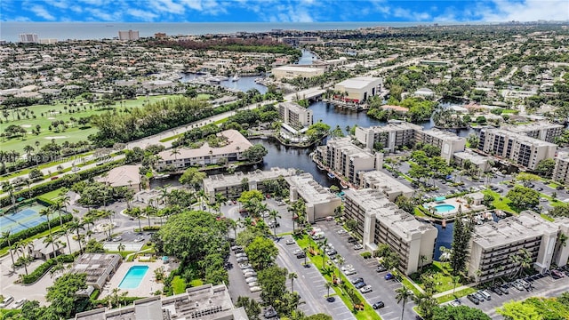 drone / aerial view featuring a water view