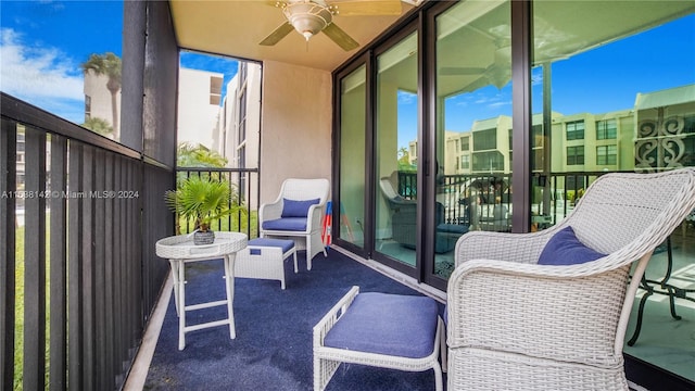 balcony featuring ceiling fan