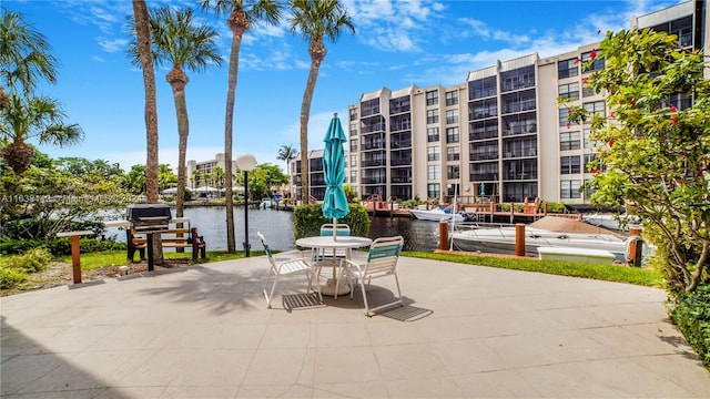 view of patio featuring a water view