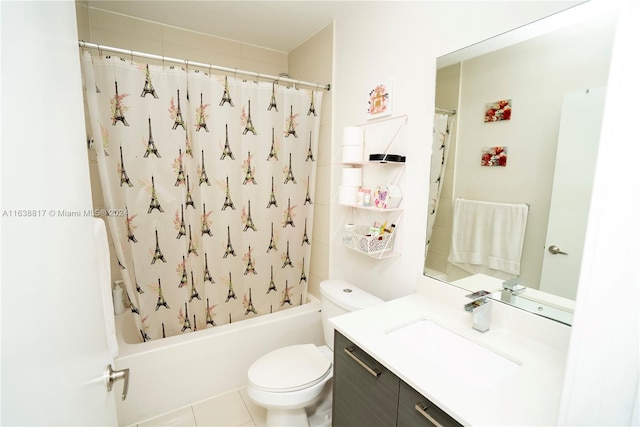 full bathroom with vanity, toilet, shower / tub combo, and tile patterned floors